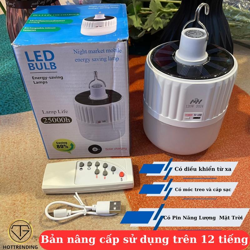 Bóng Đèn Led Tích Điện Năng Lượng Mặt Trời 120W Chống Nước Có Kèm Điều Khiển Từ Xa 4 Chế Độ Sáng Có Móc Treo Tiện Lợi