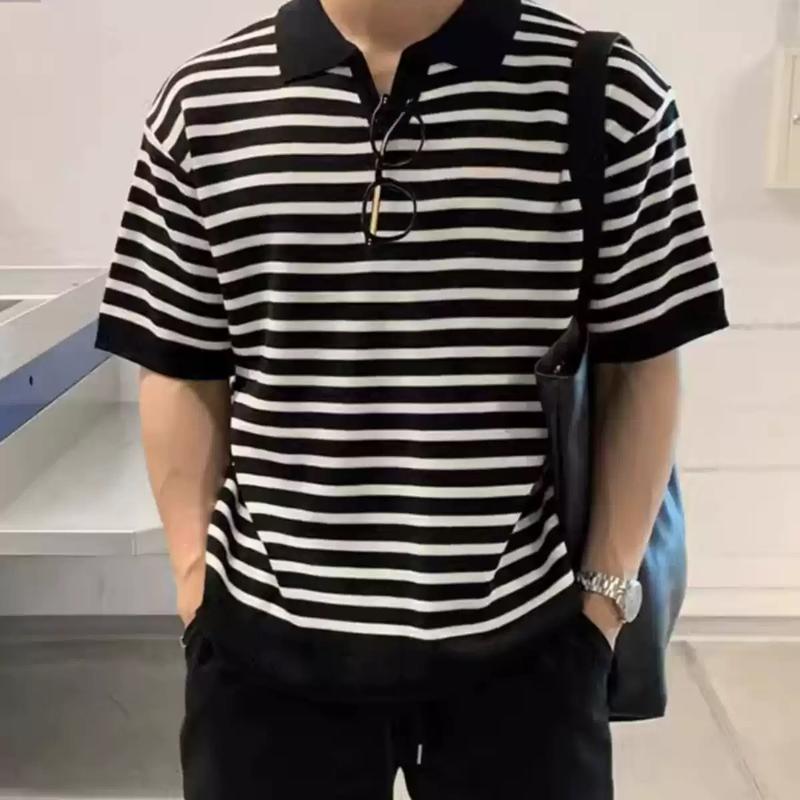 Áo thun Polo nam sọc ngang cổ chữ V vải Thun dệt kim kiểu dáng thanh lịch phong cách Hàn Quốc