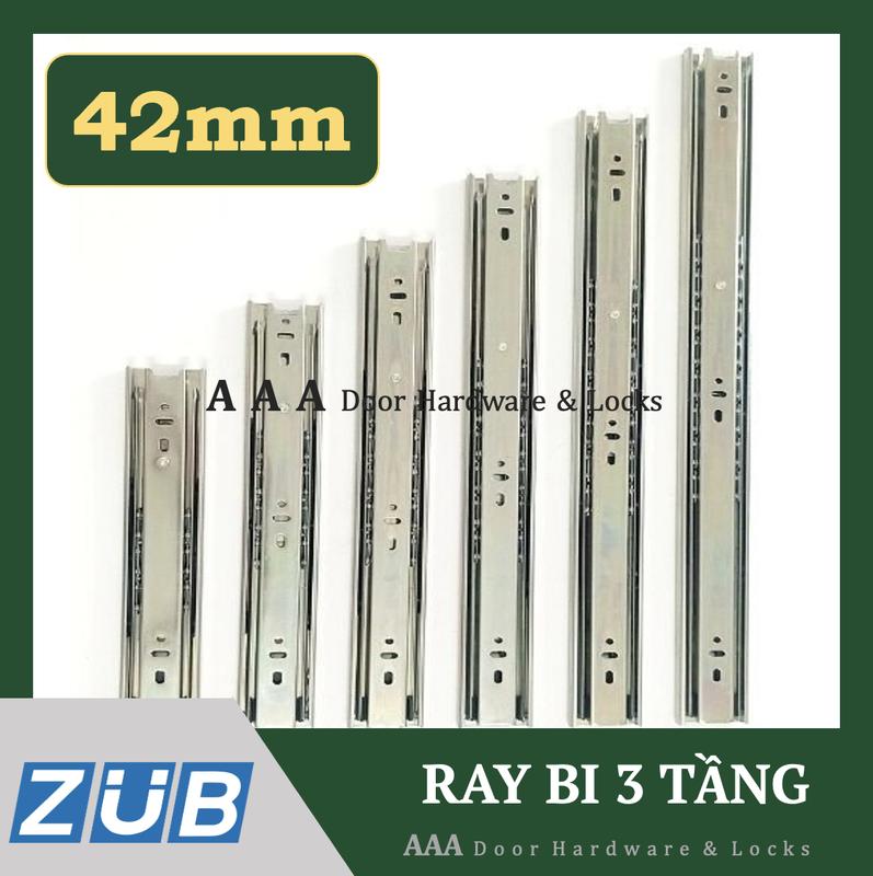 Bộ 2 thanh ray trượt hộc tủ - Ray trượt 3 bi 3 tầng ngăn kéo tủ bản rộng 42mm, Dày 10mm