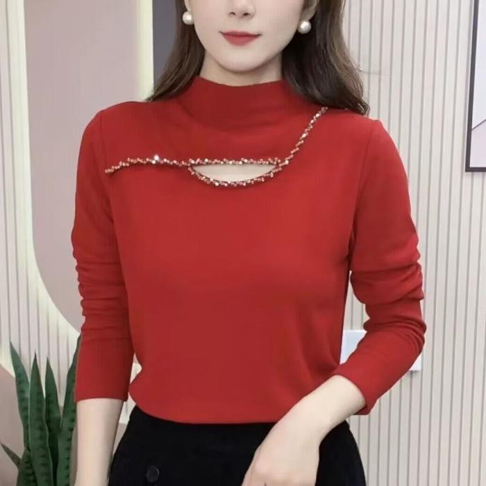 Áo Lớp Nền Hàng Mới Về, Dành Cho Nữ, Nhung Hai Mặt, Cao Cổ, Thanh Lịch, Áo Sơ Mi Giữ Nhiệt, Áo Thun Dài Tay, Có Thể Mặc Ngoài Trời, Thoải Mái Và Thường Ngày Top Women 6