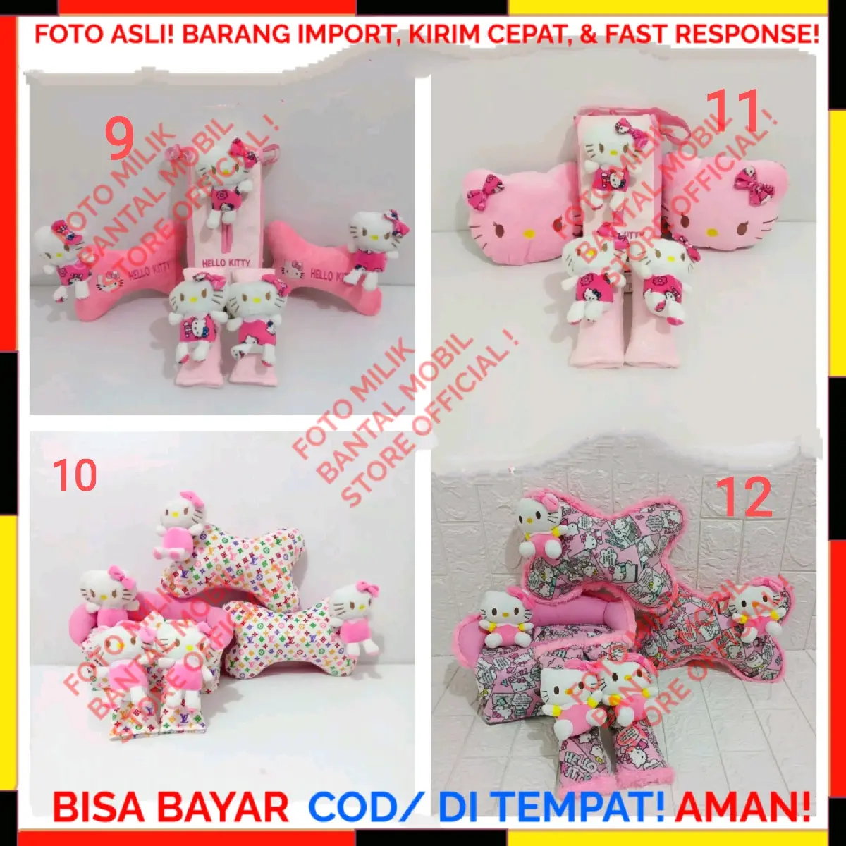 SET CAR BANTAL SANDARAN HEADREST JOK KEPALA LEHER TISU TISSU TISUE TISSUE SAFETY BELT SABUK PENGAMAN KURSI TRAVEL TRAVELING TRAVELLING MOBIL BONEKA KARAKTER KUCING CAT HELLO KITTY LV PINK UNGU MUDA TUA PUTIH 3