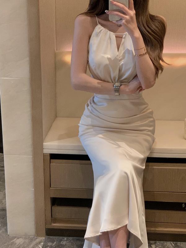 Product Introduction of Váy Cổ Yếm Trang Trọng, Cao Cấp, Dành Cho Nữ, Làm Bằng Acetate Satin, Xếp Nhún, Đuôi Cá, Váy Bó Eo 16