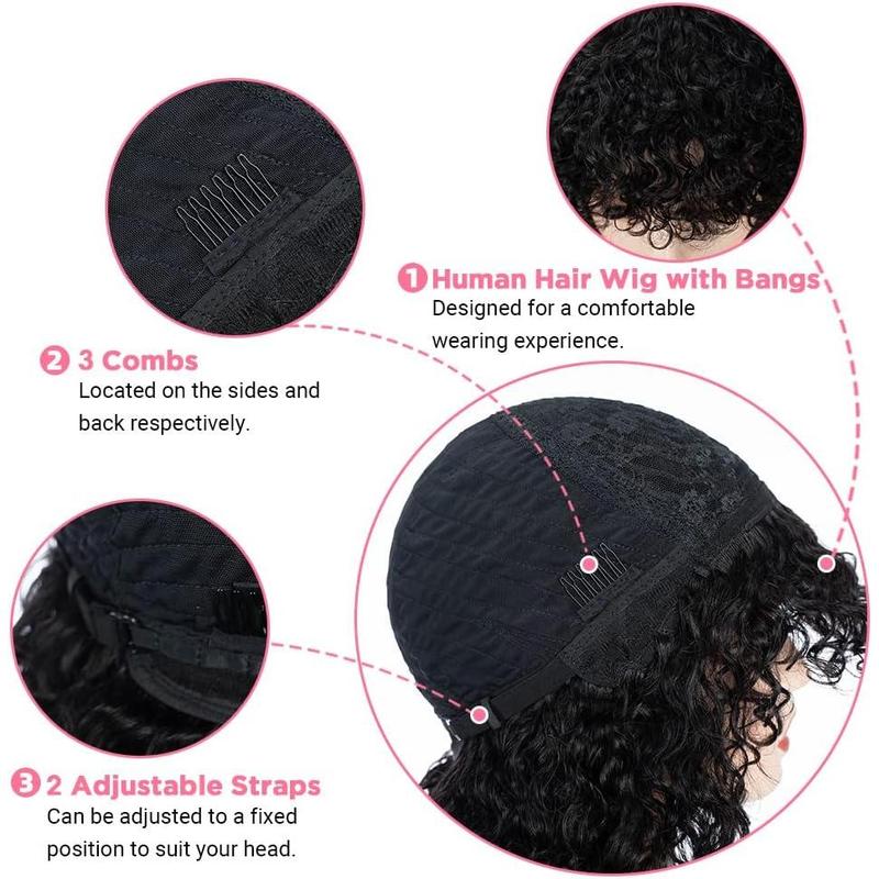 Local shipping-Fashion Idol Bob Curly Human Hair Wigs with Bangs Jerry Curl Bob Wigs Human Hair Brazilian Virgin Human Hair None Lace Front Wigs for Women Machine Made Black Wigs 10Inch 5