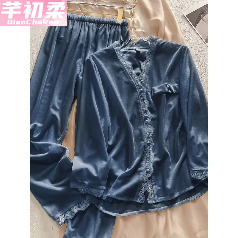 Đồ Ngủ Nhung Kim Cương, Cao Cấp, Dành Cho Nữ, Mùa Thu Và Mùa Đông, Bộ Đồ Mặc Nhà Dài Tay, Phong Cách Pháp Ngọt Ngào, Hàng Mới Về 2024, Cổ Búp Bê Cạp Cao Women 7