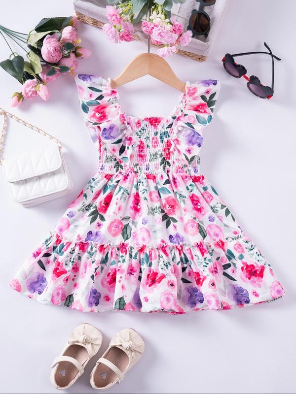 Toddler Girl's Floral Print Frill Ruffle Shirred Tank Dress, Cute Boho Butterfly Sleeve Square Neck A Line Dress for Summer, Kids Clothes for Party Holiday Vacation Wedding Guest 1