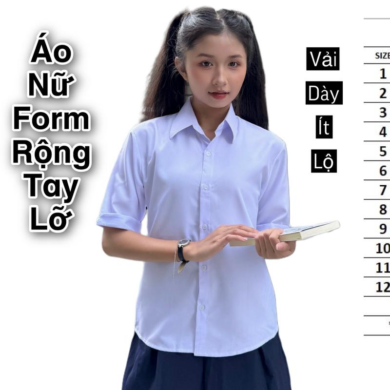 Áo Sơ Mi Nữ Học Sinh Tay Lỡ Form Rộng Vải Kate Thun Dày mượt Ít Lộ không Túi Có Nút Có Cổ Top Women Kem