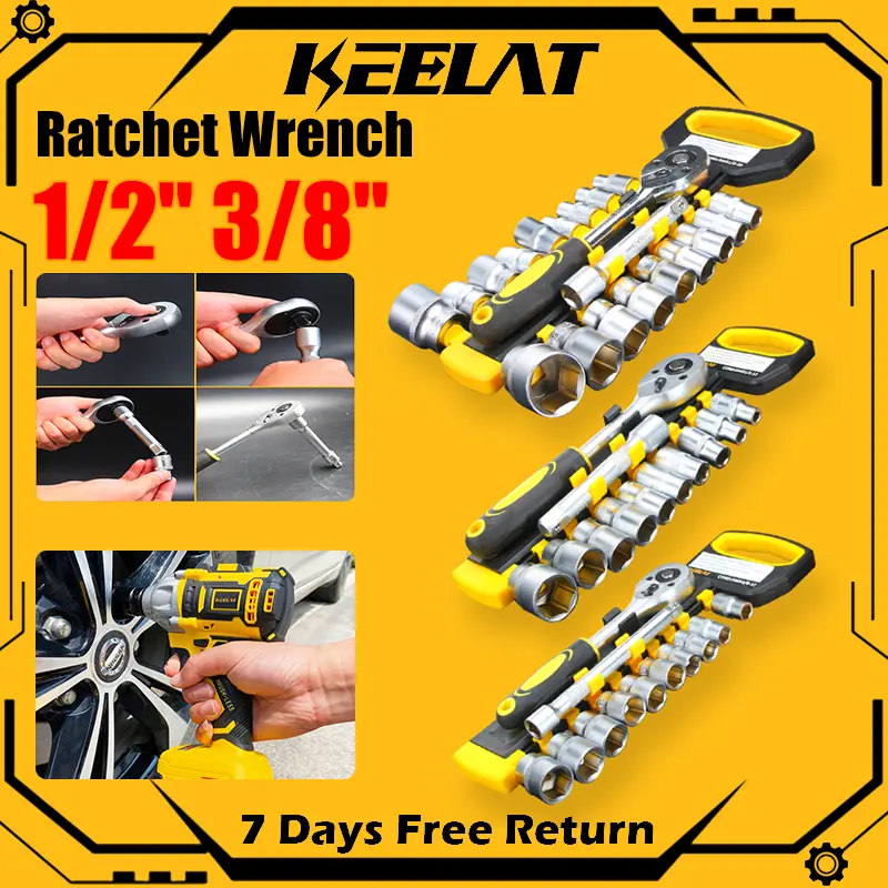 KEELAT 12Pcs Ratchet Wrench Kit 1/2" 3/8" Socket Wrench Set Spanner Tool Repairing Kit