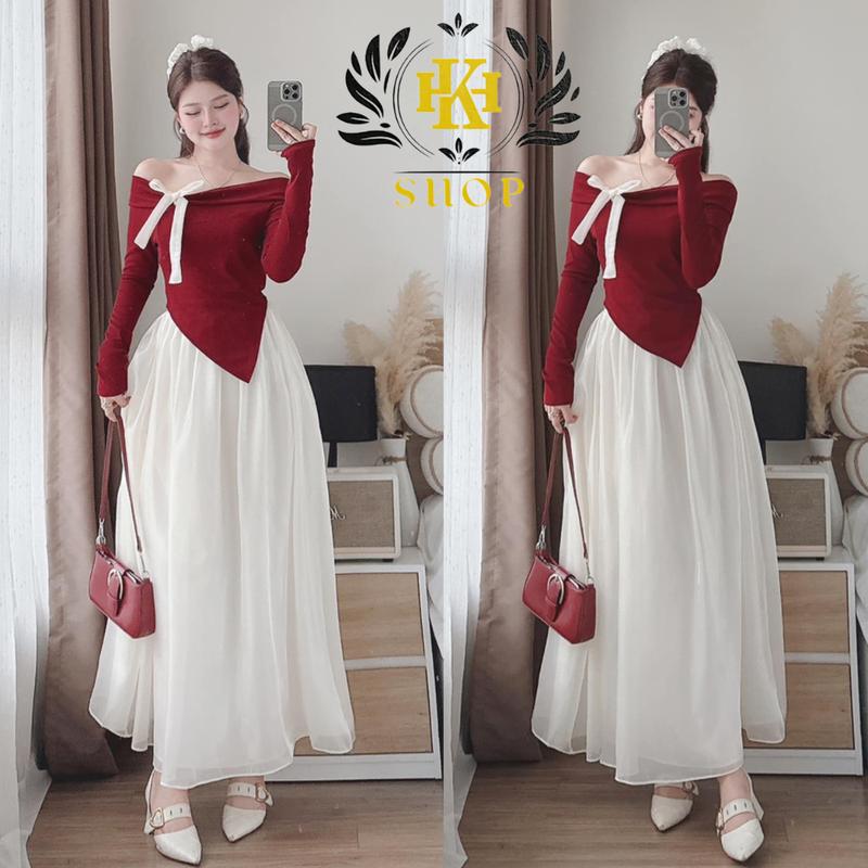 Đầm Dự Tiệc Set Váy Nữ Trễ Vai Đính Nơ Chất Vải Len Tăm Mềm Mại Chân Váy Voan Tơ 2 Lớp Phù Hợp Cho Các Nàng Đi Noel 2024