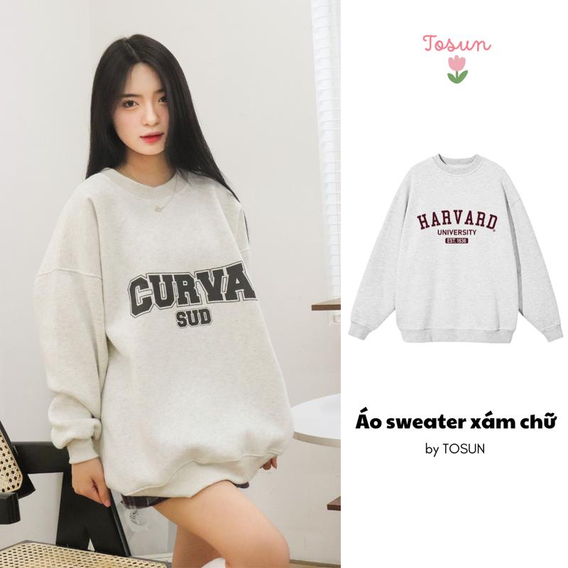   TOSUN  Áo Sweater Nỉ Bông Cotton Form Rộng Unisex Xám Tiêu In Chữ Basic S02 
