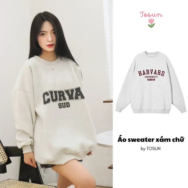 [TOSUN] Áo Sweater Nỉ Bông Cotton Form Rộng Unisex Xám Tiêu In Chữ Basic S02 0