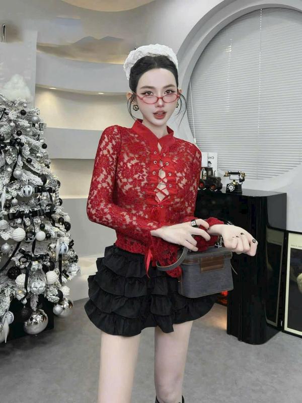 Sét Áo Ren 2 Lớp Tay Dài Phối Chân Váy Lụa Xếp Tầng Có Quần Trong Nữ Tính Dịu Dàng Thanh Lịch Sang Trọng Dễ Thương  - Free Size - Women, Top Màu ĐEN- ĐỎ 4