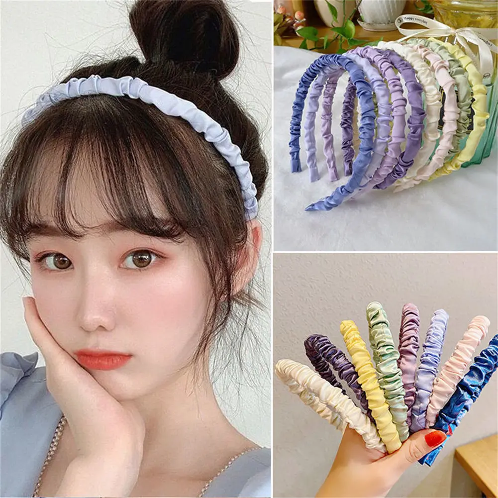New Solid Color Headband Sweet Satin Pleated HairBand Women Girls Fashion Scrunchy Retro Hair Hoop Headwear Hair Accessories