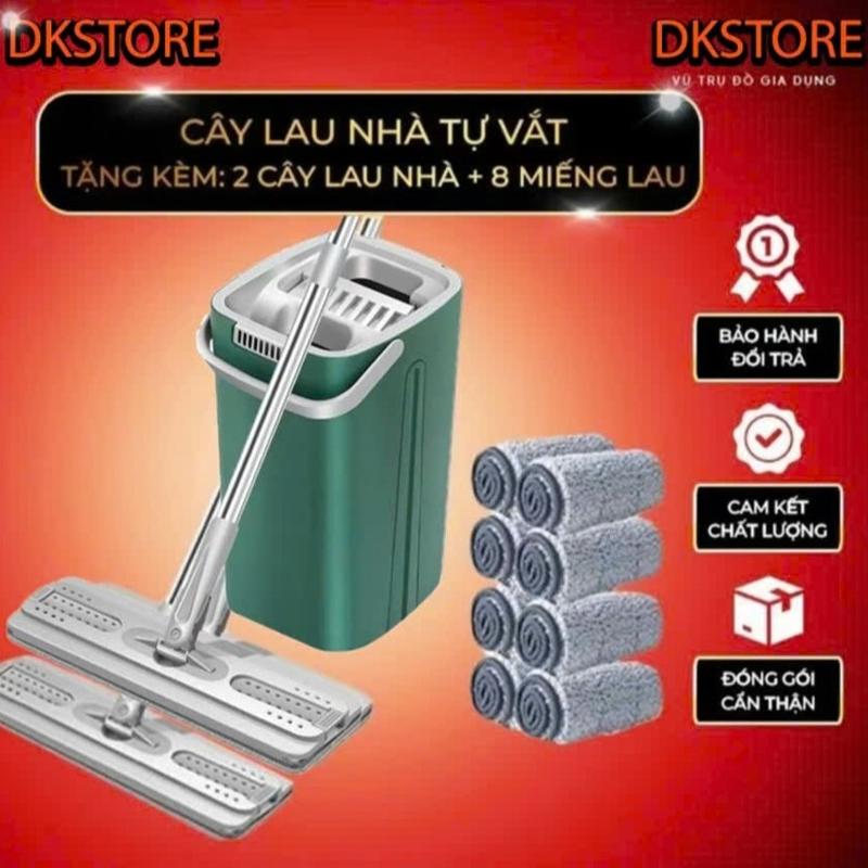 Bộ cây lau nhà ( 1 thùng + 2 cây lau + 8 bông lau) tự vắt thông minh đầu xoay 360 độ tiện lợi Lau Sàn Làm Sạch Inox choi