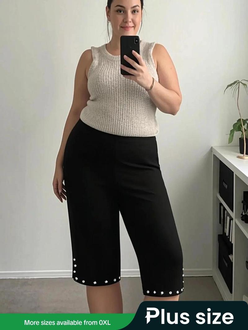 Product Introduction of 【Plus Size】 Rhinestone Decor Capri Pants, Casual Comfy Capri Pants for Summer, Women's Bottoms for Daily Wear 1