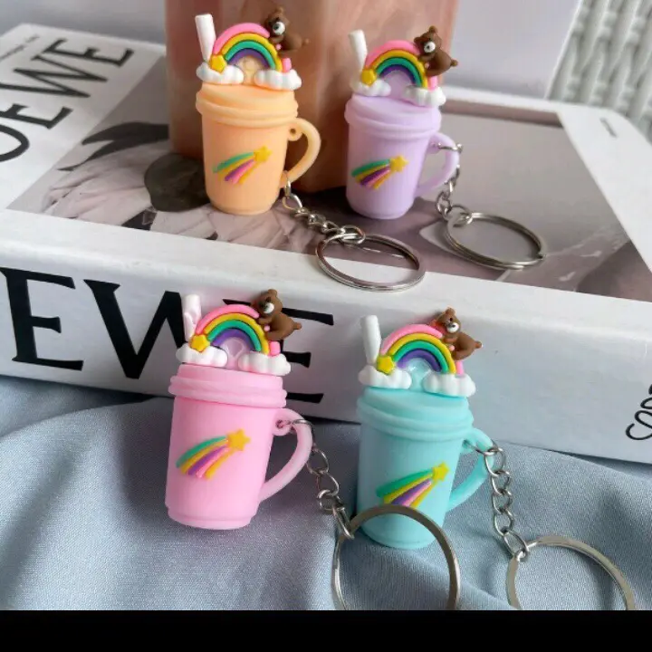 GANTUNGAN KUNCI LEMONADE BERUANG PELANGI BOBA LUCU BENTUK MINUMAN 0