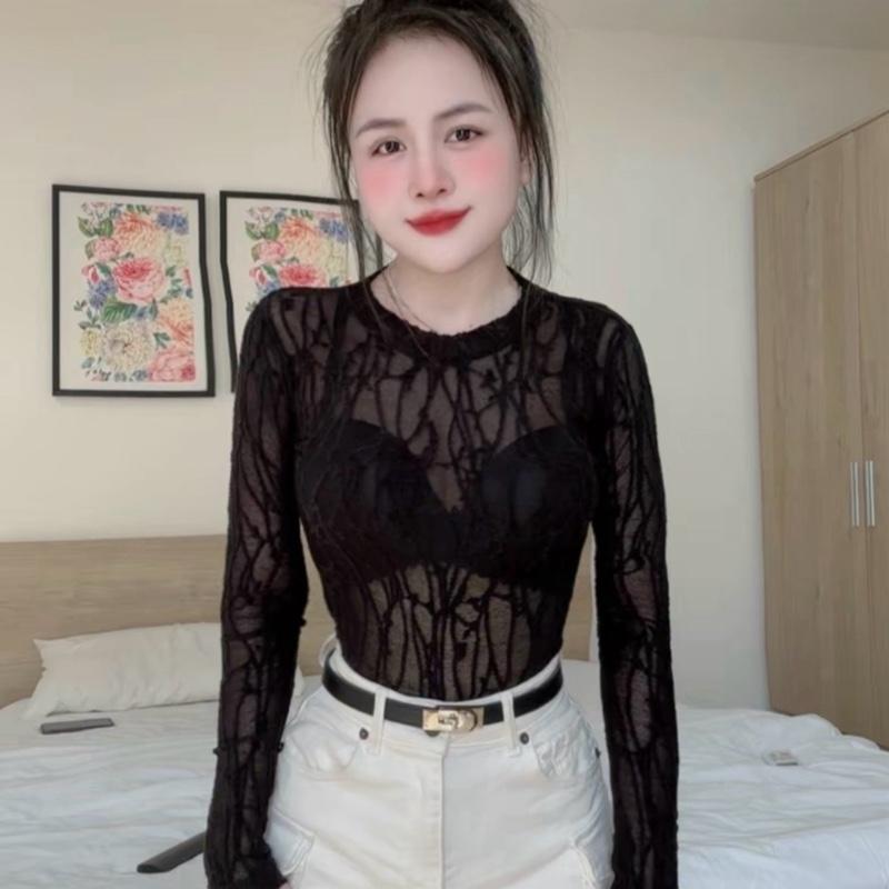 [A-32] ÁO REN DÀI TAY  BASIC CỔ TRÒN HOẠ TIẾT REN SÓNG  dáng baby tee mặc đi làm đi chơi sang chảng