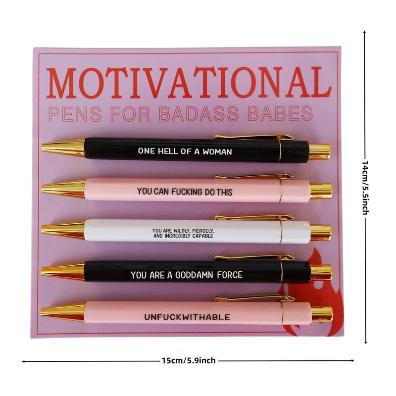 Product Introduction of Motivational Letter Pattern Ballpoint Pen Set, 5 Counts/set Creative Funny Slogan Ballpoint Pen, Writing Pen for Office School Student 1