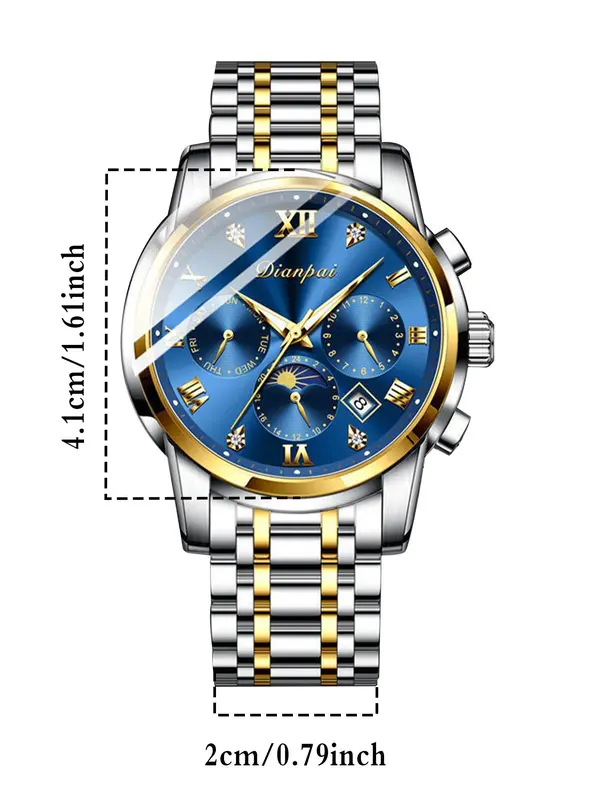 Men's Business Rhinestones Decorated Round Dial Calendar Mechanical Watch,  Waterproof Fashion Trendy Wristwatch, with Box 1