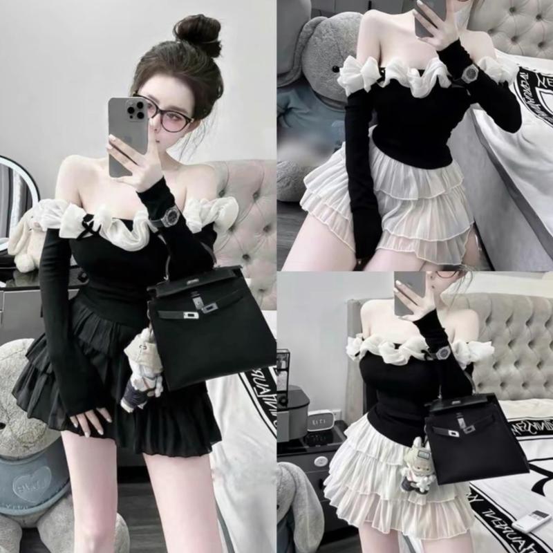 Set Áo Trễ Vai Đính Nơ Bèo Chân Váy Voan 3 Tầng Nữ - Women