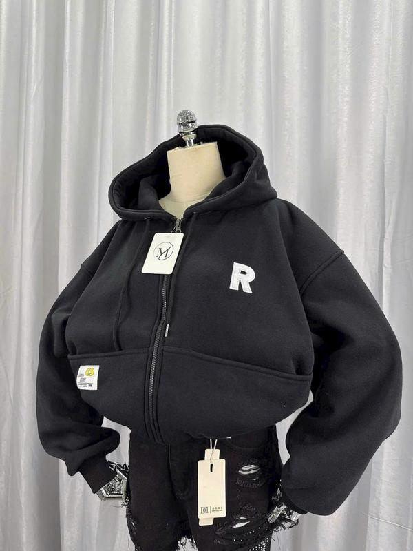 Áo Khoác Hoodie Dây Kéo Thêu LOGO R Vải Nỉ PE Phối Túi Nón lớn From Croptop Rộng Phong Cách Hàn Quốc Hot Trend áo  khoác  nỉ  dày  dặn 4