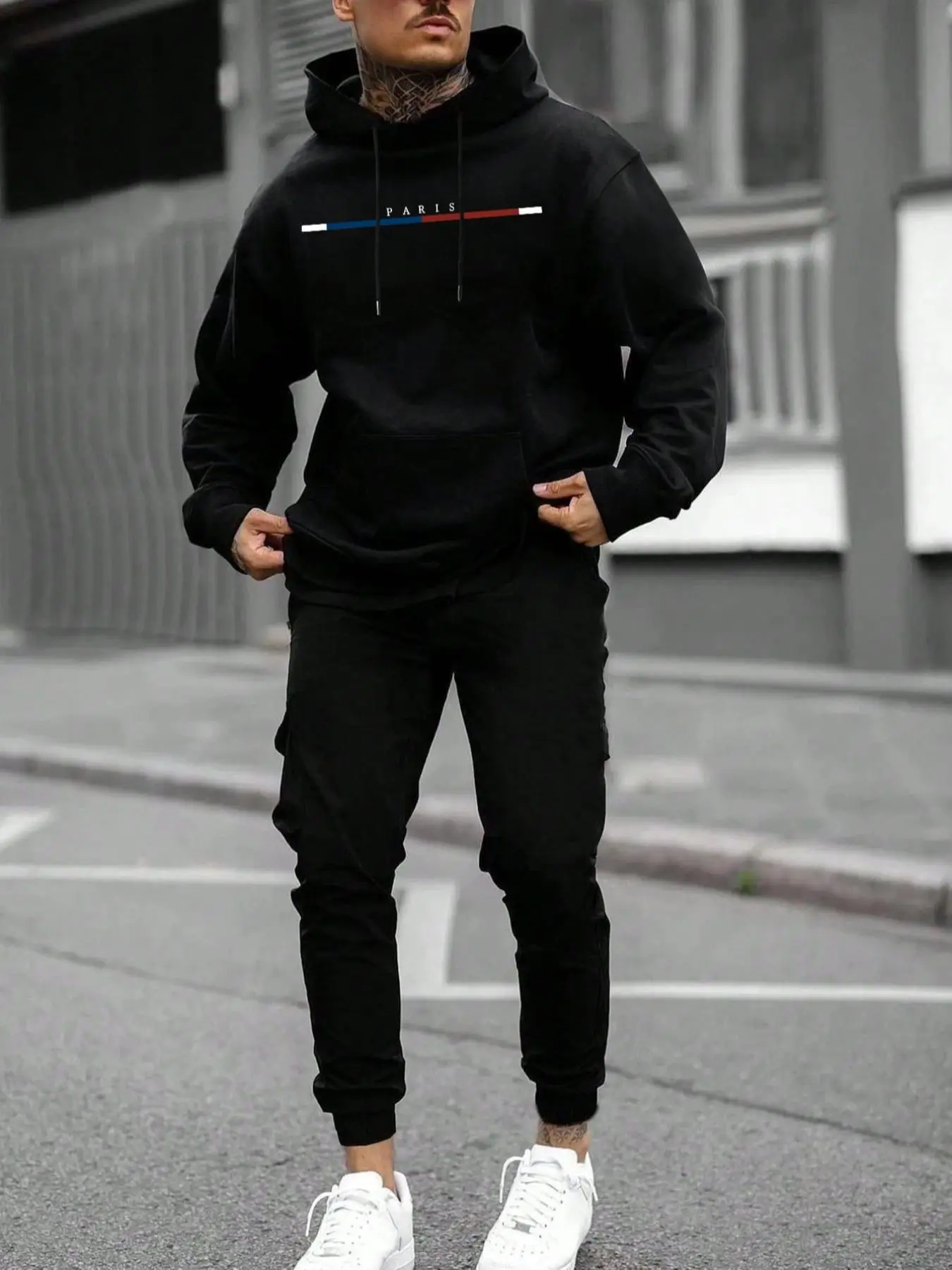 2 Pieces Men's Letter Print Drawstring Two-piece Outfits, Regular Fit Fashion Pocket Long Sleeve Hoodie & Sweatpants, Men Clothes for Fall & Winter, Menswear Mens Paris Tracksuit