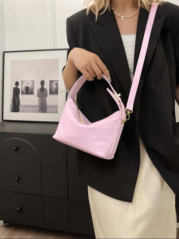 Women's Solid Color Textured Handbag, 2024 New Style Pu Leather Zipper Shoulder Bag for Daily Used, Casual Trendy Versatile High-quality Daily Commuting Bag 6