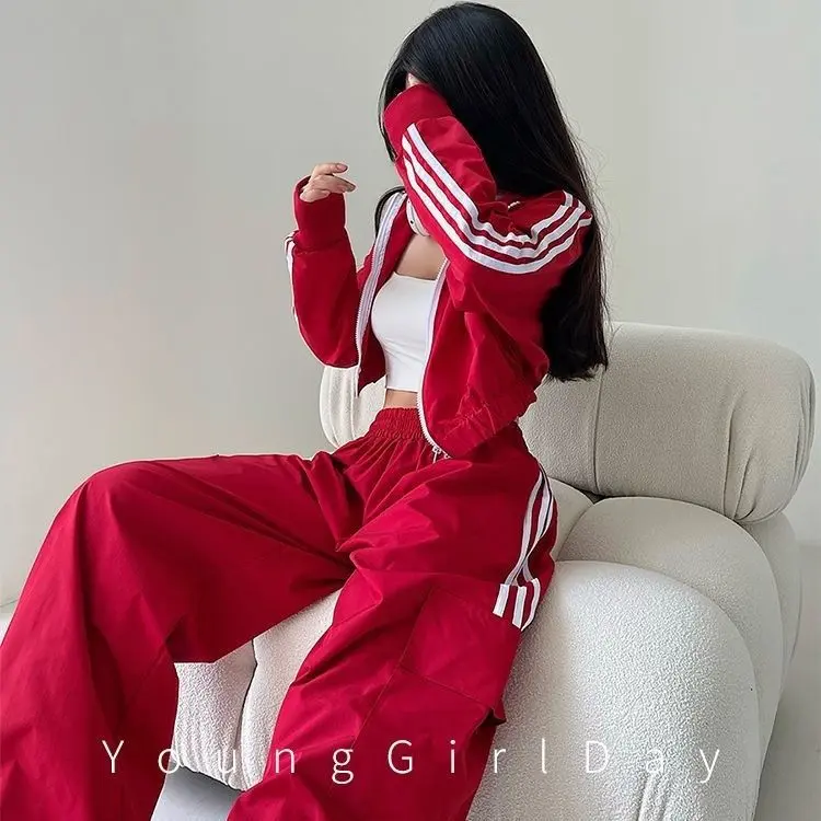 Áo Khoác Siêu Ngắn, Phong Cách Đường Phố Châu Âu Và Mỹ, Dành Cho Nữ, Mùa Xuân Và Mùa Thu, Cạp Cao, Dáng Rộng Vừa Vặn, Dáng Rộng Vừa Vặn, Có Khóa Kéo, Ba Sọc, Cropped Xén, Thích Hợp Cho Thể Thao Và Đi Chơi, Bán Chạy Năm 2024