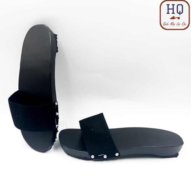 Guốc gỗ nam nữ sơn mài đen dép gỗ quai nhung mềm Vang Bóng, guốc mộc truyền thống đế bằng mũi hở mặc áo dài bà ba đồ lam pháp phục đóng phim diễn kịch chụp ảnh Tết