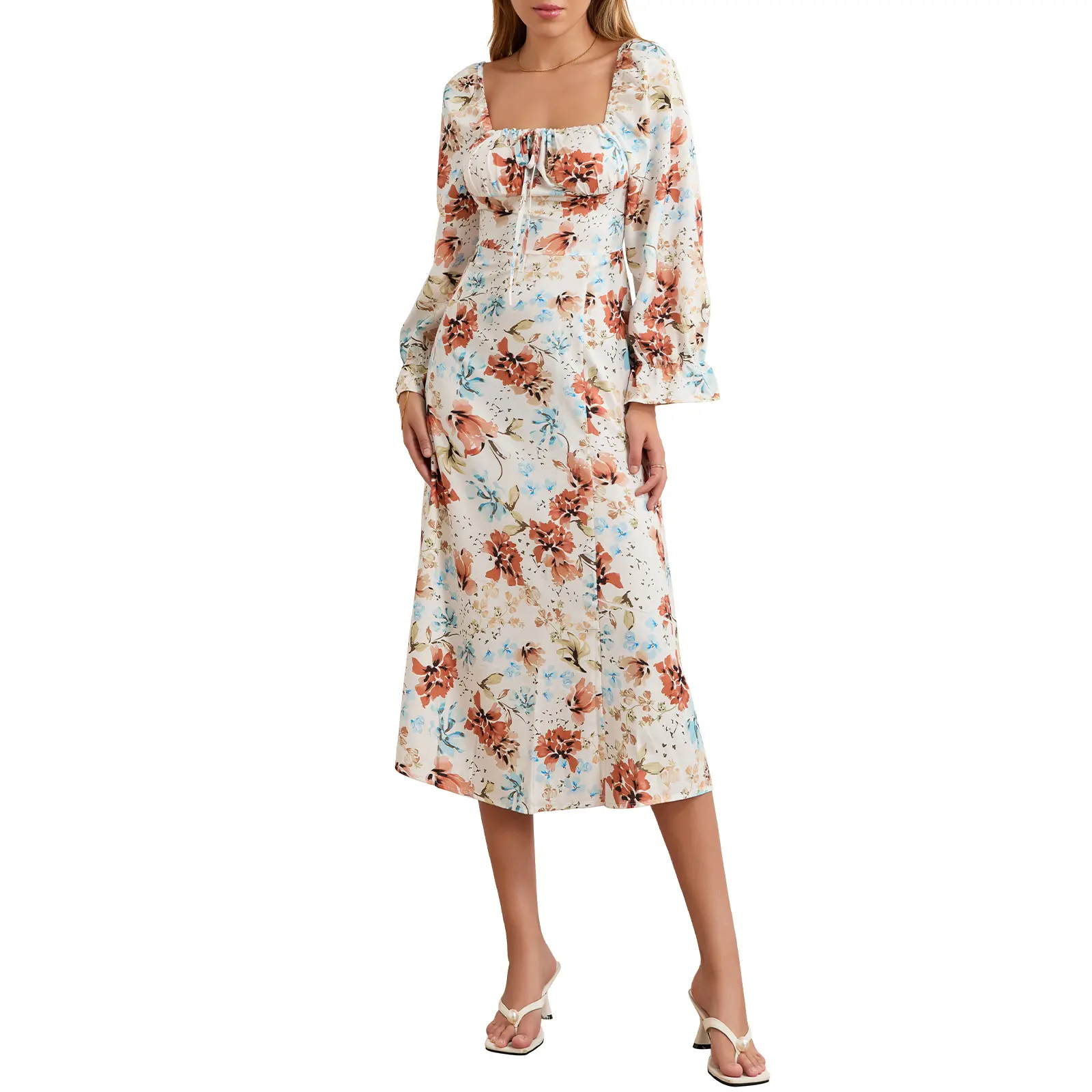 Women Long Dress, Long Sleeve Square Neck Tie-up Floral Dress Slit Dress  Fall Swing Dress Casual Light - TikTok Shop Philippines