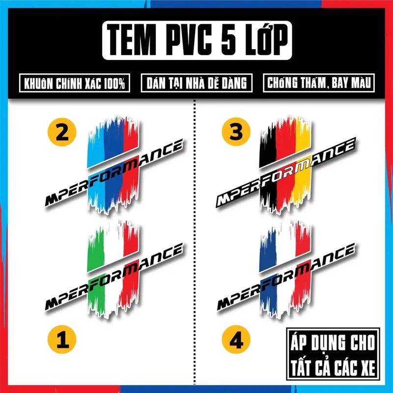 Tem Xe Performance ITALY / AMG / ĐỨC / PHÁP - Chất Liệu PVC Cao Cấp Chống Nước, Bền Màu Dán Xe Máy, Xe Hơi 1