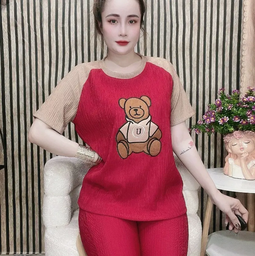 Set Bộ Đồ lửng xốp cổ tròn phối gấu thêu Women Nữ Quần Ngủ Áo Thun Voi Áo Ngủ do bolu ống suông beo đen cỡ lớn cộng Ong Top lưng  mặc