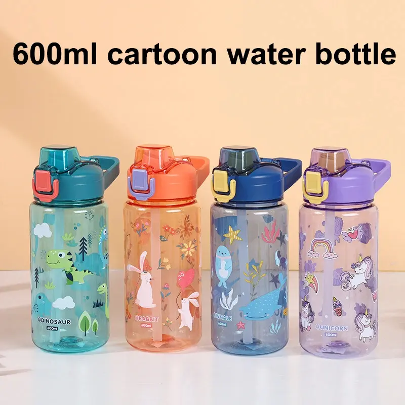 600ml Children's Cartoon Animal Water Bottle – Portable Cup with Straw, Anti-Fall Design, Ideal for Students & Toddlers