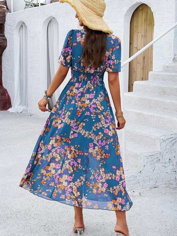 Women's Floral Print Shirred V Neck A Line Dress, Boho Fashion Short Sleeve Long Dress for Beach Vacation Holiday Wedding Guest, Ladies Dress for Summer 3