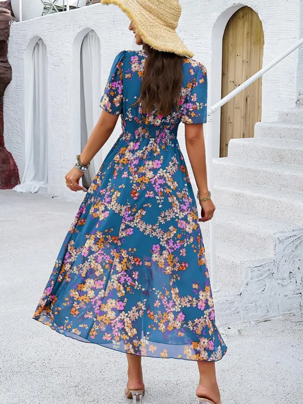 Women's Floral Print Shirred V Neck A Line Dress, Boho Fashion Short Sleeve Long Dress for Beach Vacation Holiday Wedding Guest, Ladies Dress for Summer 1
