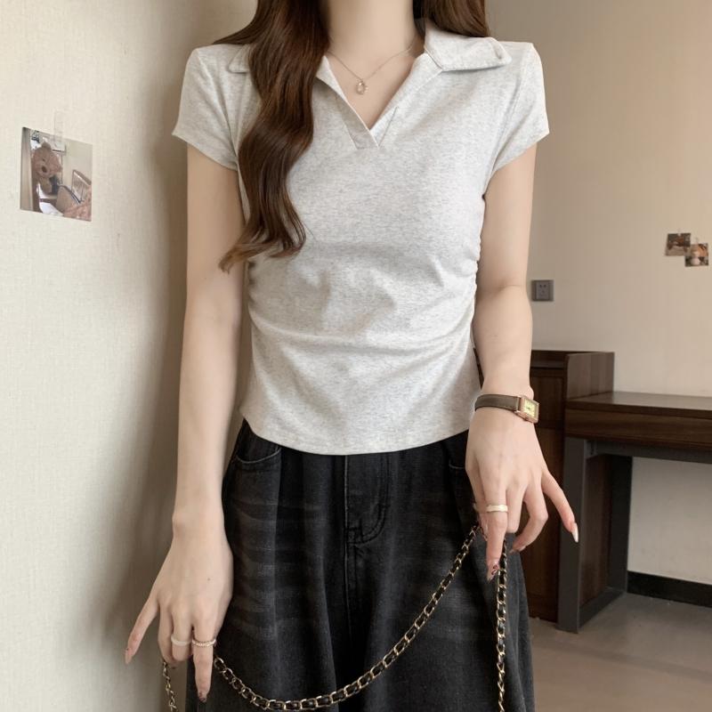 Product Introduction of 106 # Real Shot Real Price 40s Pure Cotton 210g (92% Cotton/8% Spandex) Polo Collar Waist-Cinching Short Sleeve T-Shirt for Women Top Womenswear 25
