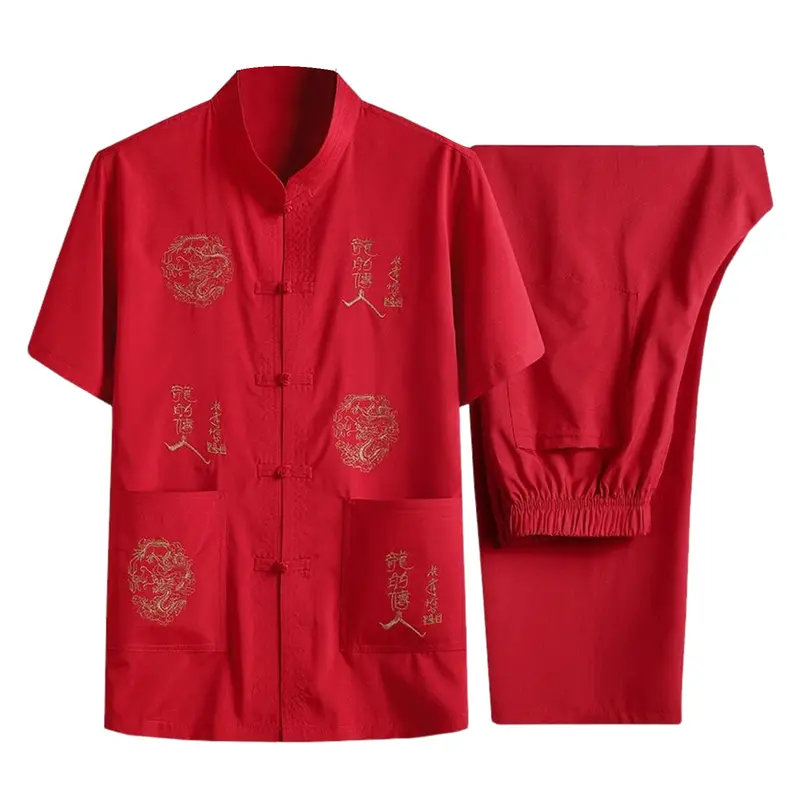 Bộ Quần Dài Áo Nam, Phong Cách Trung Quốc Cổ Điển Bộ Đồ Tang, Áo Cổ Chân Đế Một Hàng Cúc Thêu ngắn Tay, Eo Co Giãn, Chân Rộng, Thích Hợp Cho Nam Trung Niên Và Bố, Bộ Quần Dài Áo Hàng Đầu, 2 Cái / Bộ 4