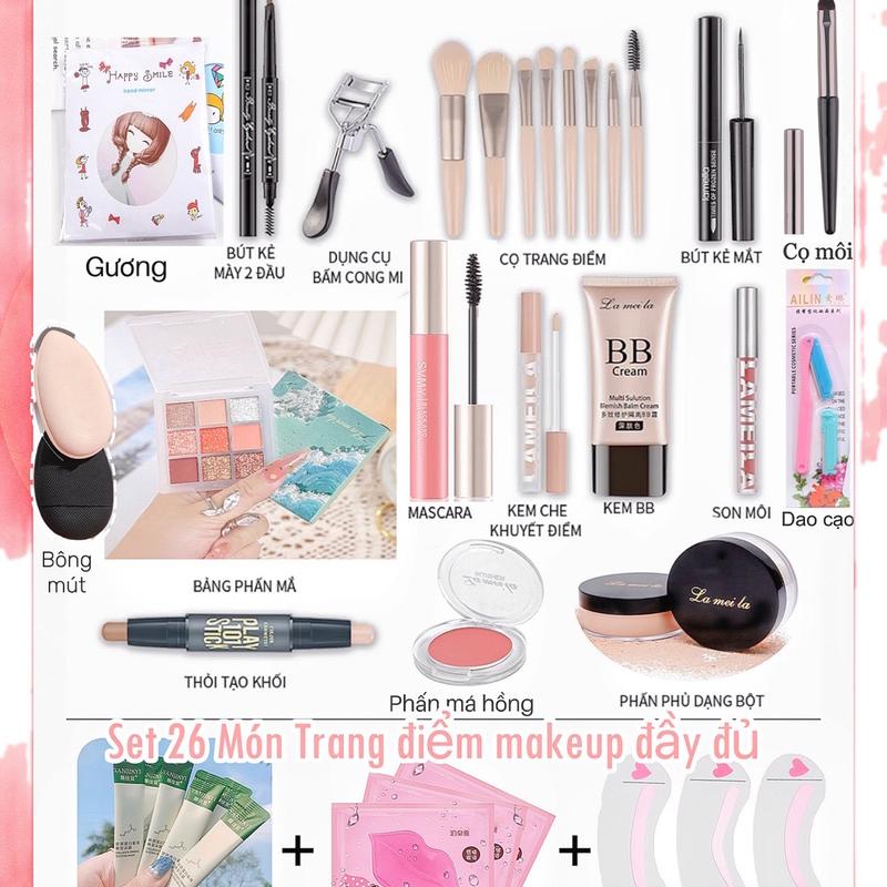 Bộ make up đầy đủ trang điểm cá nhân cao cấp đầy đủ các món nhà mỹ phẩm giá học sinh nè.phấn má.bút kẻ mắt.bộ cọ.xịt khoá trang điểm...son môi.tẩy trang.6.9.14.20.24.26..cosmetic.Women Nữ Che Khuyết Điểm Kem Lót Phấn Phủ Son Kem Perfume Mascara