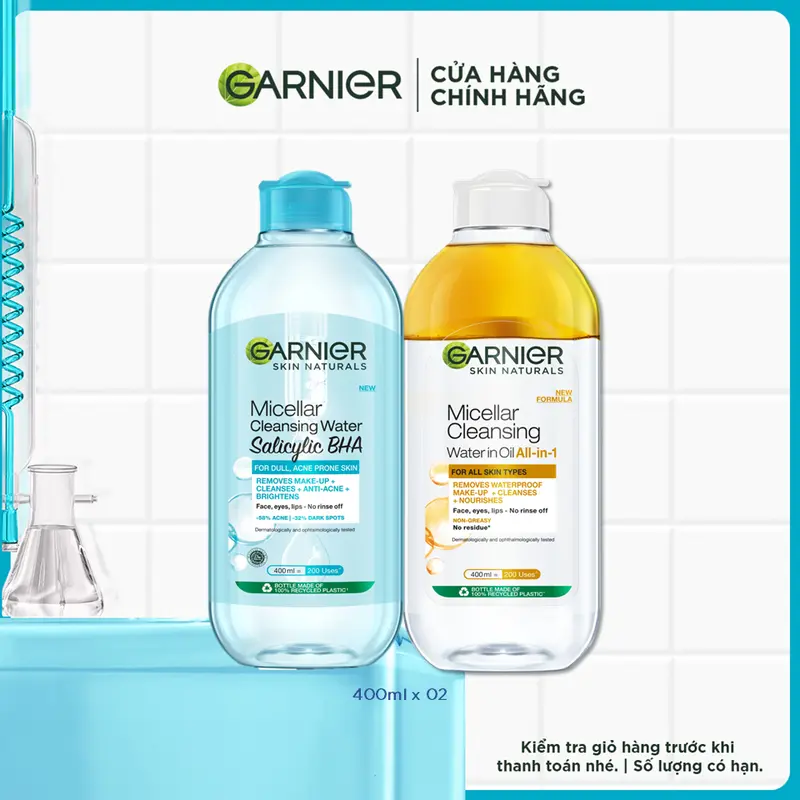 [Exclusive] Bộ đôi nước tẩy trang sáng - tối Garnier dành cho Da Dầu M.ụn 400mlx2 2