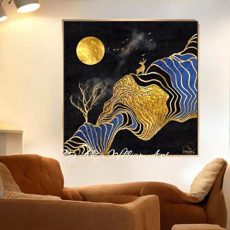 lukisan abstrak modern latar hitam dengan variasi gold 0