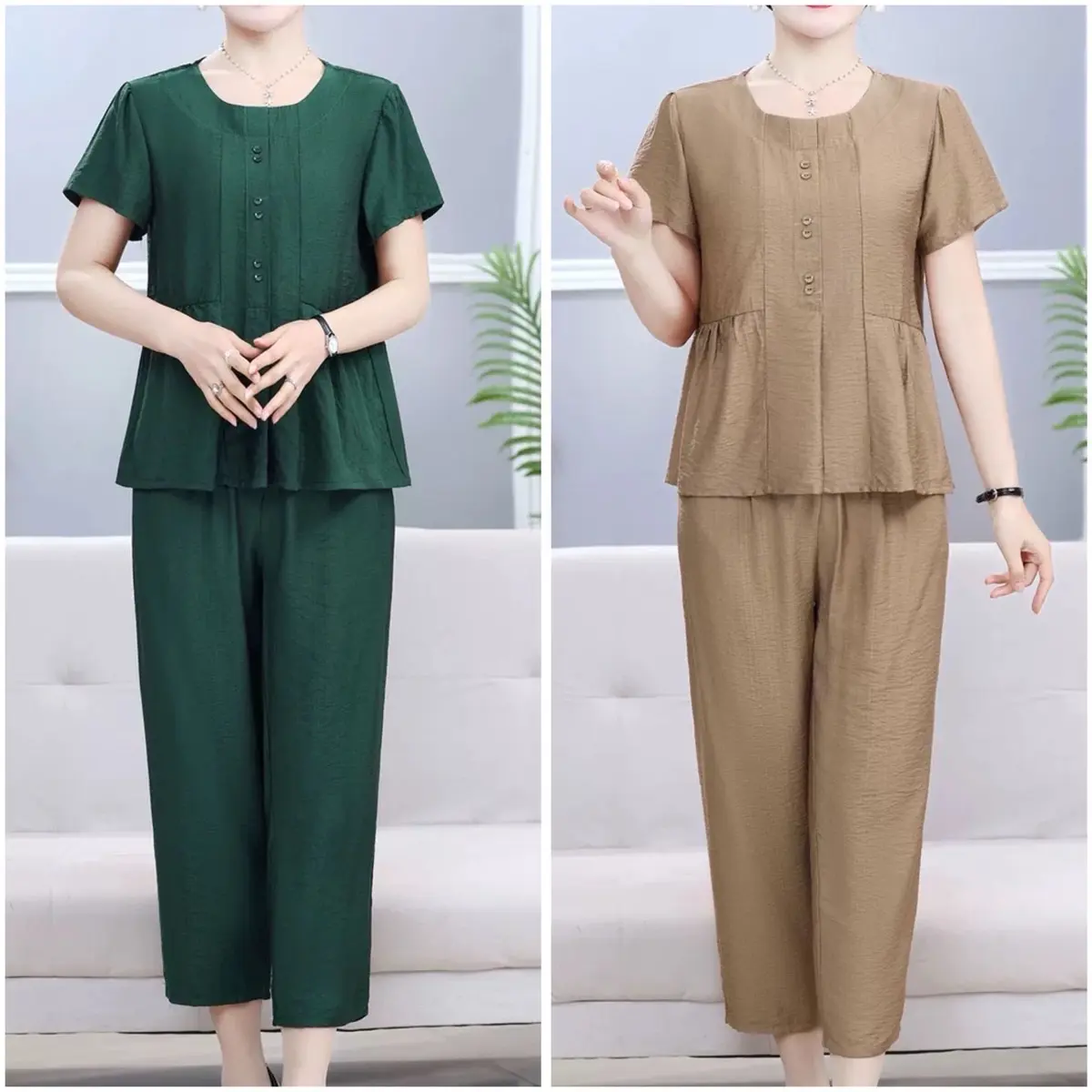 Combo 2 bộ Đồ Bộ Trung Niên Tặng Mẹ phong cách Thanh lịch Nhẹ nhàng Che Khuyết Điểm, Vải đũi tơ xước Mát Nhẹ size 40-80kg  Nữ Women  Top
