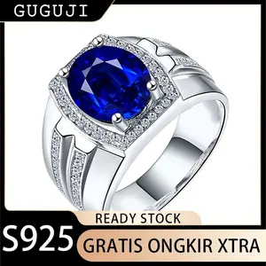 GUGUJI Cincin Pria Blue Cincin Safir Alami Myanmar Cincin Trendy Emas