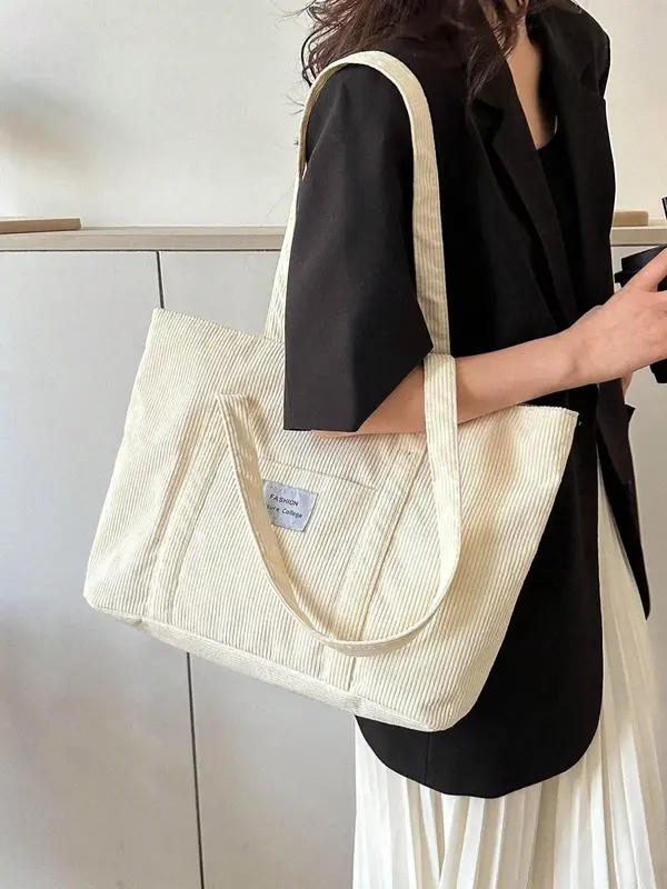 Solid Color Corduroy Tote Bags for Women, Gifts for Girlfriend, Fashionable Letter Label Decor Shoulder Bags for Work Office, Girls Large Capacity Shopping Bag, Handbags for Women, Handbags for School, Wife Up Work Bag, Travel Accessories 2