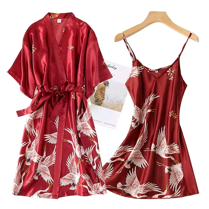 FOURLUCK Kimono set dengan dress Tidur Satin Wanita Lingerie