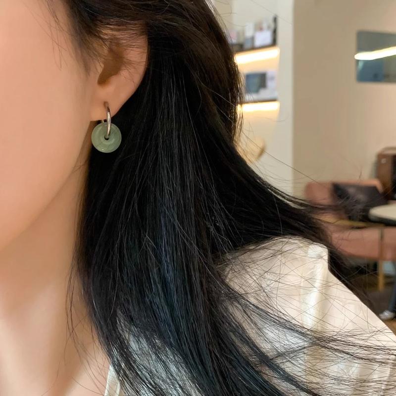 Khuyên Tai Tròn Bằng Thép Không Gỉ, Ngọc Bích Xanh Lá Cây, Dành Cho Phụ Nữ, Phong Cách Cổ Điển Và Thanh Lịch, Khuyên Tai Kẹp Tai, Đồ Trang Sức Bản To 2