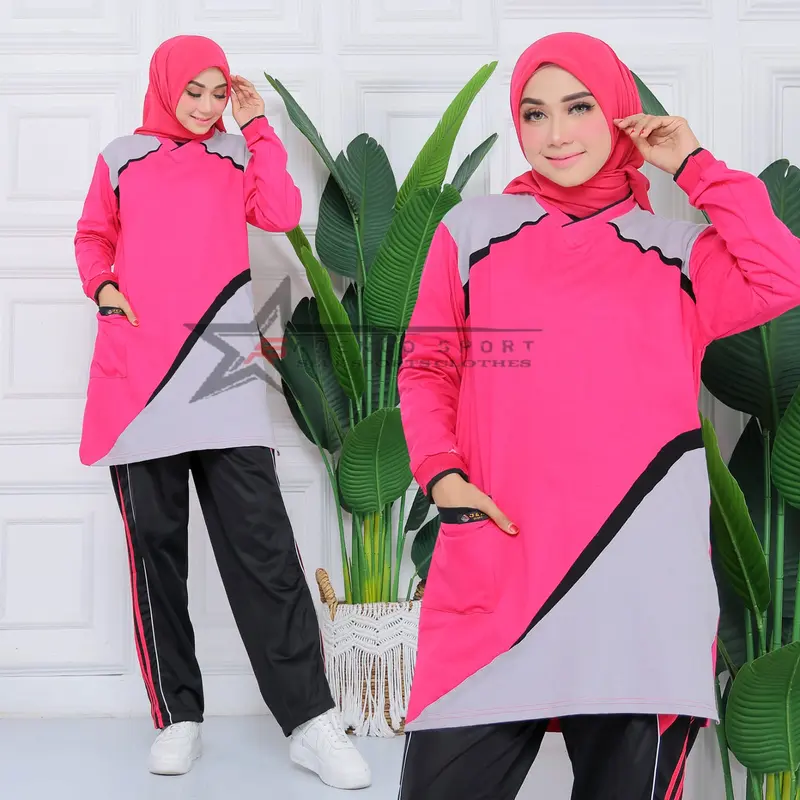 Baju Olahraga Senam Tunik Muslimah / Setelan Baju Olahraga Senam Wanitaah / Seragam Olahraga Senam Terbaru Celana Panjang Muslim Atasan Hitam Sport 2