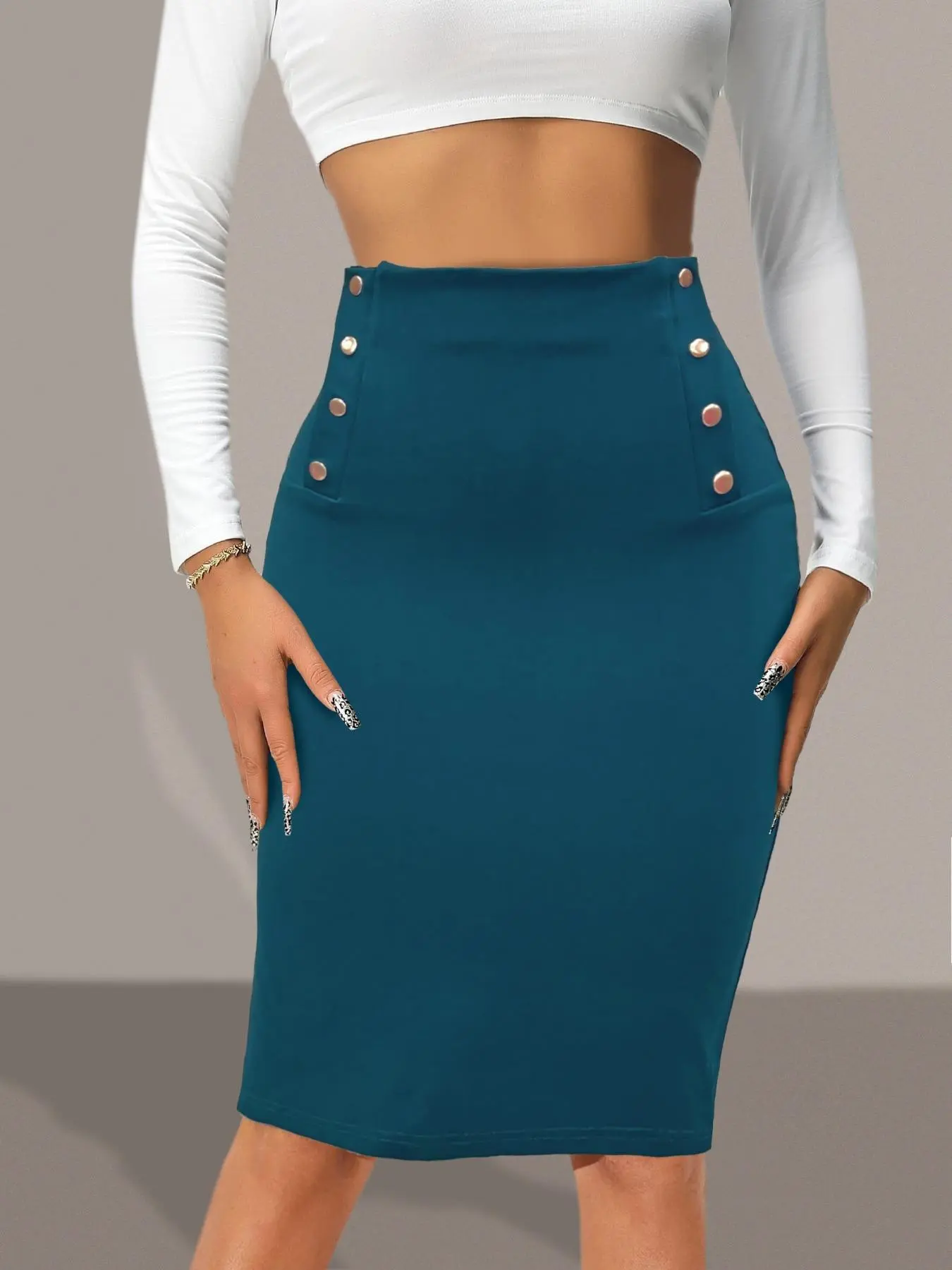 Women's Plain Button Decor Pencil Skirt, Elegant High Waist Knee Length Skirt for Daily Outdoor Wear, Ladies Bottoms for All Seasons