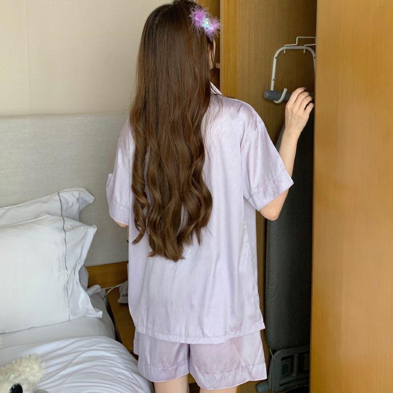 Bộ Đồ Ngủ Lụa Lạnh Dành Cho Nữ, Bộ Áo Ngắn Tay Và Quần Đùi Mỏng Mùa Hè, Bộ Đồ Mặc Ở Nhà Thường Ngày Satin Dệt Twill Hình Người Kiểu Hàn Quốc 8