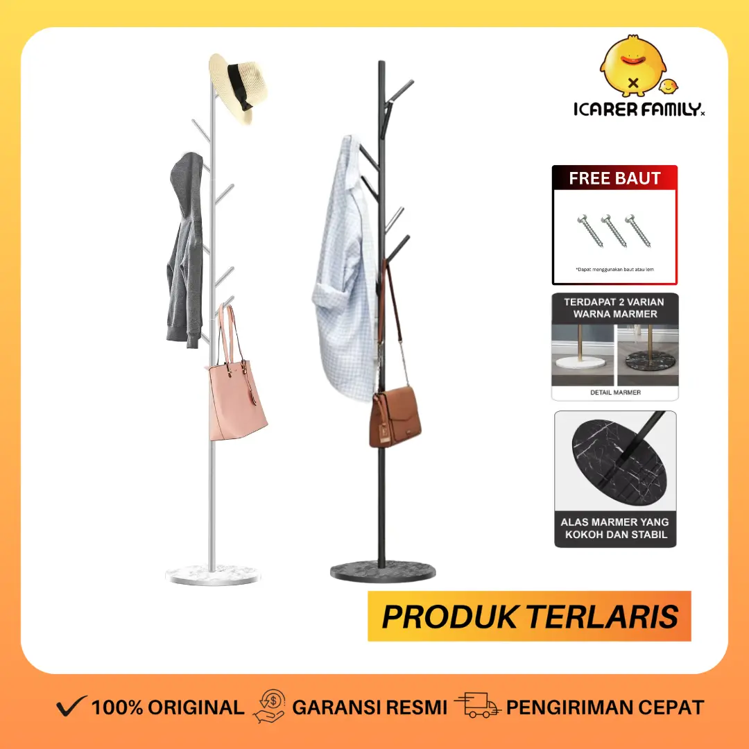 Icarer Family Gantungan Baju Topi Tas Marmer 8 Kait Bulat Besi Tahan Karat