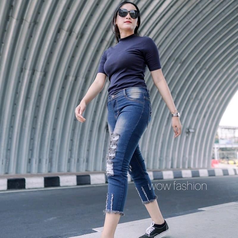 jener celana jeans wanita 7/9 model sobek-sobek street kekinian ada lapisan bawah rawis kaki melar Soft Stretch 5