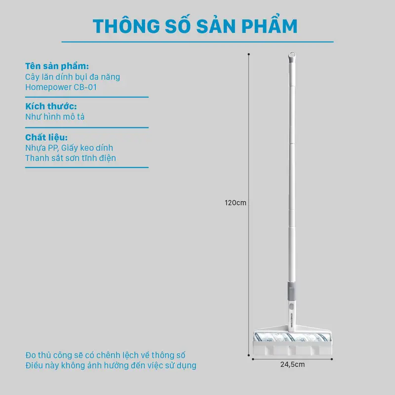 Cây lăn bụi sàn nhà 24cm CB-01 Homepower 60 tờ/cuộn - Keo siêu dính, tay cầm dài, kích thước lớn 6